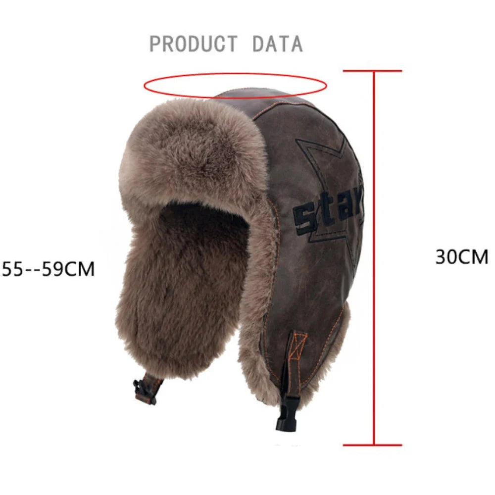 Bomber Hat Thick Warm Russian Hat Fur Lined Autumn Winter Hats for Men Women Windproof PU Leather Ski Trapper Earflap Cap