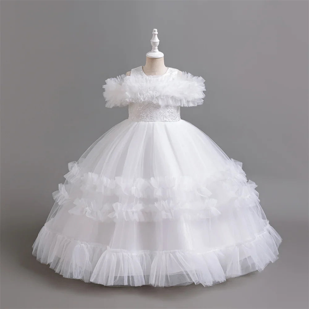 New Elegant Dress for Girls Flower Wedding Long Embroidered Panto Skirt 4-12 Years Old Piano Performance Girl Dress