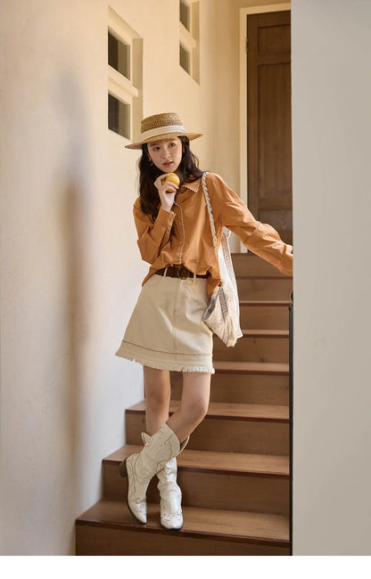 Women's 100% Cotton Shirt 2025 Autumn Korean Lapel V-neck Single Breasted Tops Lace Trim Shirts Office Lady MXE43C2377