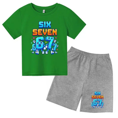 Boys Girls 3-12Y Summer Fashion Outfit 67 Number Cartoon Print T-shirt and Shorts Casual Two-Piece Clothing Set