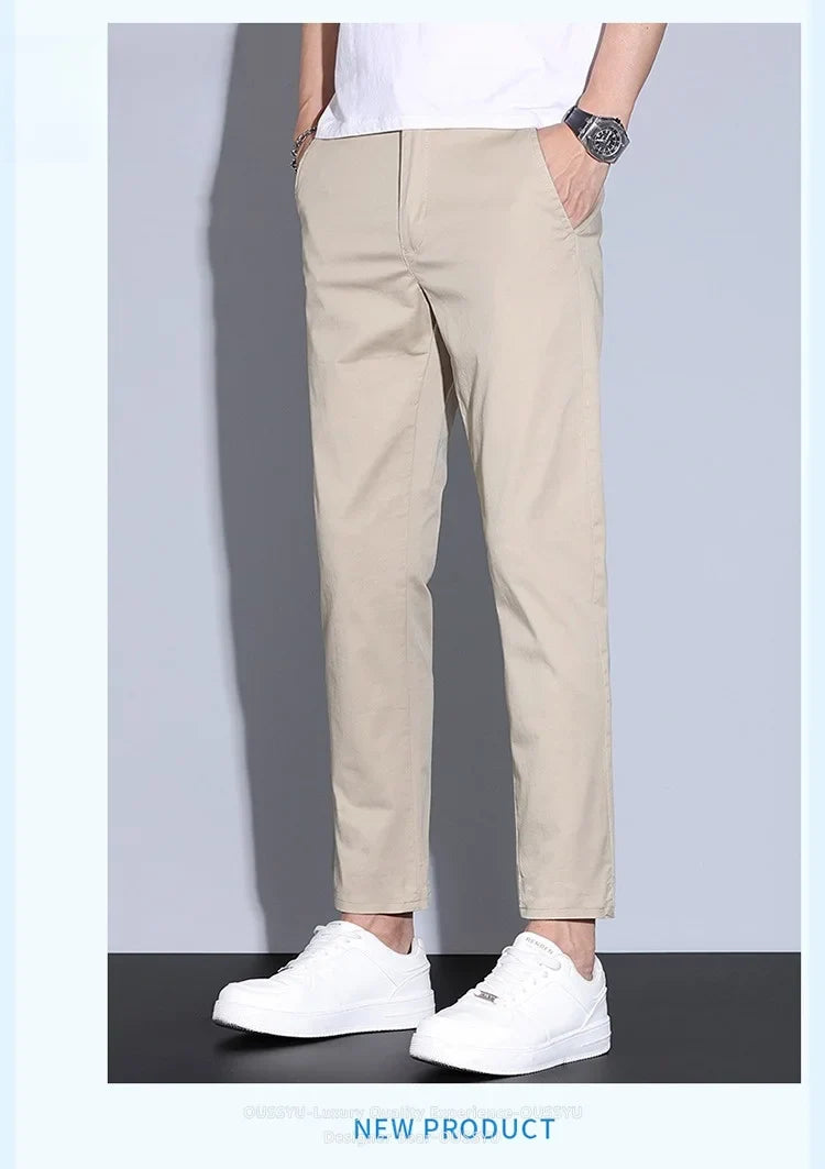 High Quality Summer Men's White Ankle Length Casual Pants 97%Cotton Breathable Straight Business Slim Work Chino Trousers Man
