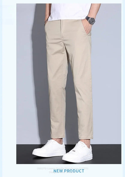 High Quality Summer Men's White Ankle Length Casual Pants 97%Cotton Breathable Straight Business Slim Work Chino Trousers Man