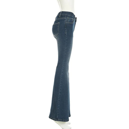 Retro Y2k Jeans Baggy Floral Embroidery Jeans Women Vintage 2000s Low Rise Flared Denim Pants High Street Basic Trousers