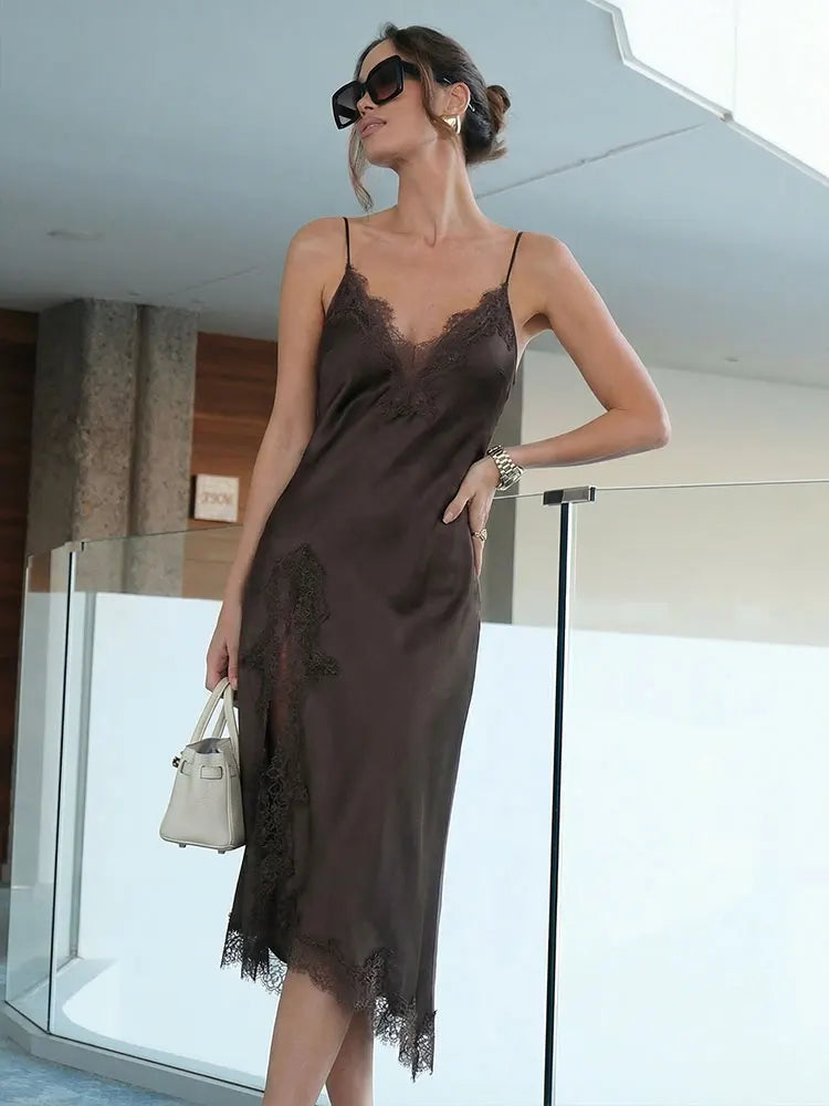 Women Fashion Lace Splicing Satin Texture Long Dress Sexy Backless Sleeveless Dresses Summer Lady Trend Party Evening Dress