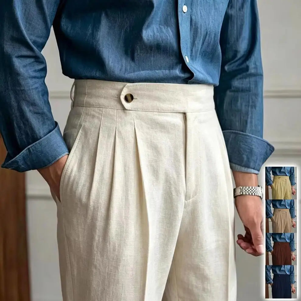 Classic Linen Men Suit Trousers Italian Naples Style Pleated Street Wear Summer Trendy High Waist Pants Male Business Office