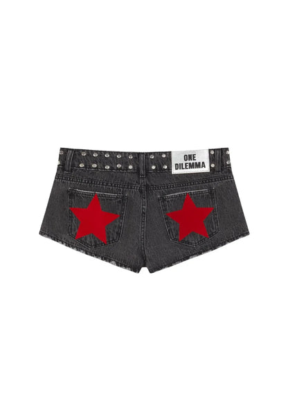 Y2K Low Waist Denim Shorts Women European American Casual Contrasting Loose Fashionable Back Sequin Star Print Hot Pants