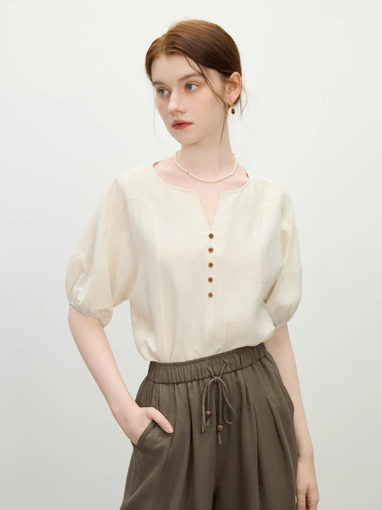 MInimalism Apricot Style Loose Short-sleeved Women Shirt 2025 Summer New Casual Small V-neck Sleeves Slim Top 25FS12246