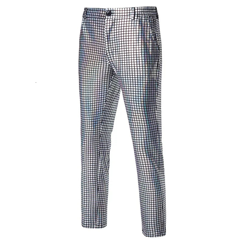 New Men Luxurious Sequined Checkered Suit Pants Fashion Male Dance Party Bar KTV Casual Dress Small Stretch Trousers
