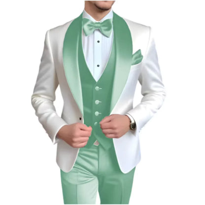 Solid Color Slim Fit Men's Tuxedo 3-Piece Set Fashion Business Wedding Suit with Shawl Lapel Blazer Vest Pants for Groom Party