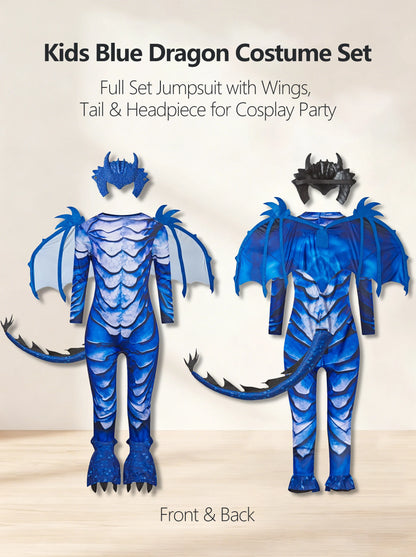 The Frost Blue Dragon Knight Jumpsuit for Kids, Halloween Carnival Theme Party Costume with Wing Tail Mask