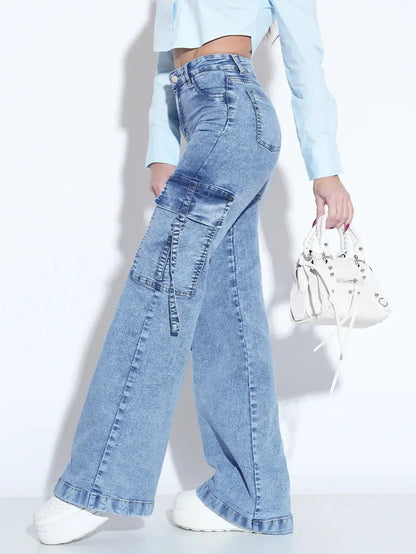 Women's Cargo Jeans with Multiple Pockets - Stylish and Practical Work Denim Pants for Everyday Comfort and Functionality