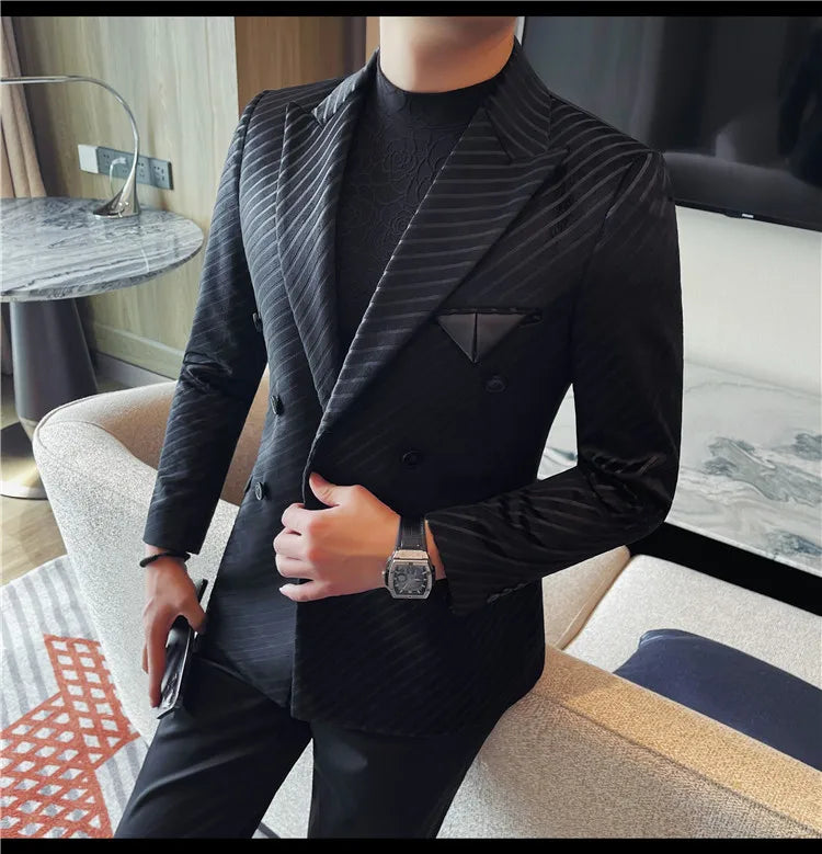 British Style Luxury Men Double Breasted Twill Suit Jacket High Quality Fashion Business Slim Fit Groom Social Party Suit Dress