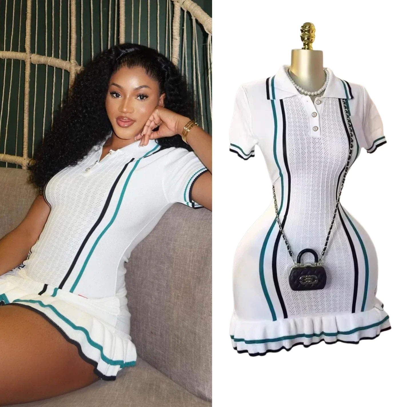 Chic Fashion Sexy Package Hips Knitted Mini Dress 2026 Summer Vintage Turn-down Collar Ruffled Party Dress Streetrwear