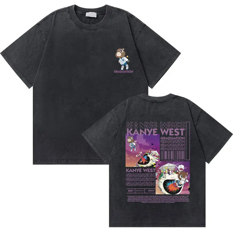 Washed Vintage Rapper Kanye West Graduation Bear Graphic T Shirt Men Pure Cotton T-shirt Men's Hip Hop Fashion Oversized Tshirt