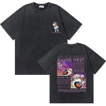 Washed Vintage Rapper Kanye West Graduation Bear Graphic T Shirt Men Pure Cotton T-shirt Men's Hip Hop Fashion Oversized Tshirt