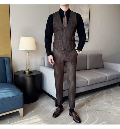 ( Vest + Pants) Double-breasted Striped With Pants Men Business Slim Fit Suit Vest 2 pieces Formal Groom Wedding Dress Vest