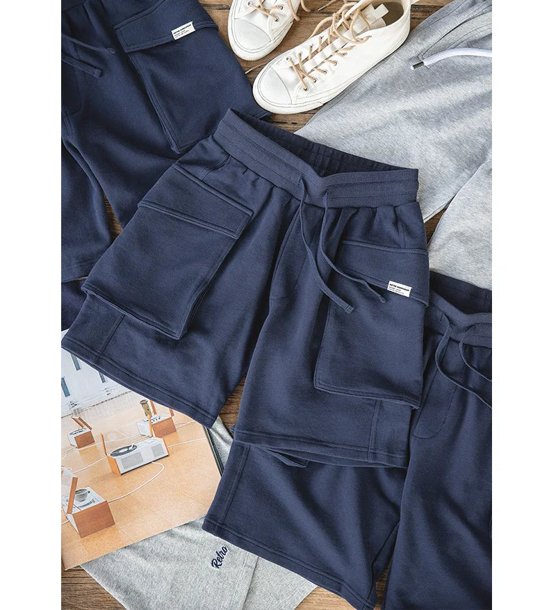 Navy Blue P44 Cargo Joggers Shorts Men Loose Cotton Large Pocket Work Tactical Short Pants Amekaji Casual Knitted Shorts