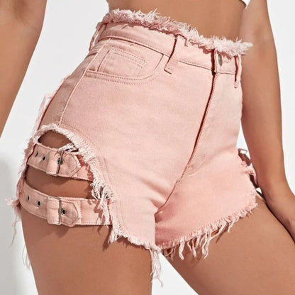 2026 Summer Hot High Waisted Street Style Girls' Ripped Denim Shorts with Rough Edges