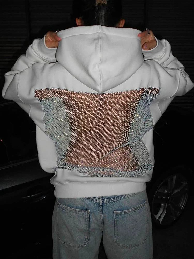 Hooded Harajuku Sweatshirt Women Autumn Trend Backless ShinyThrea Mesh Patchwork Casual Street Hipster Pulloverr