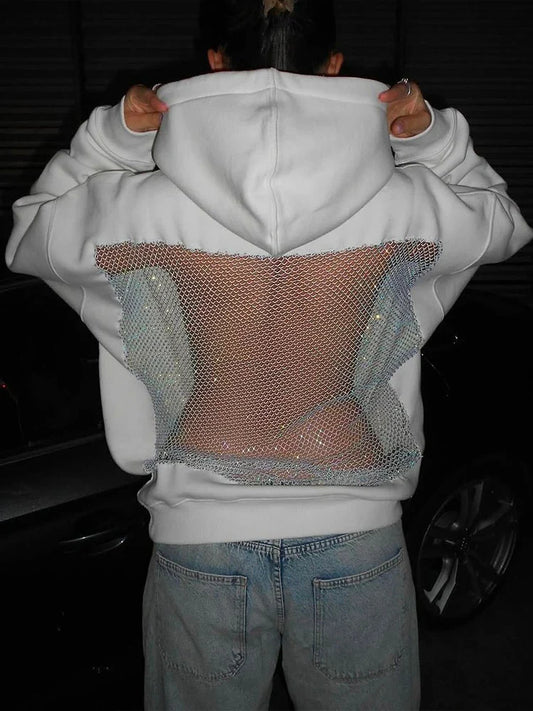 Hooded Harajuku Sweatshirt Women Autumn Trend Backless ShinyThrea Mesh Patchwork Casual Street Hipster Pulloverr