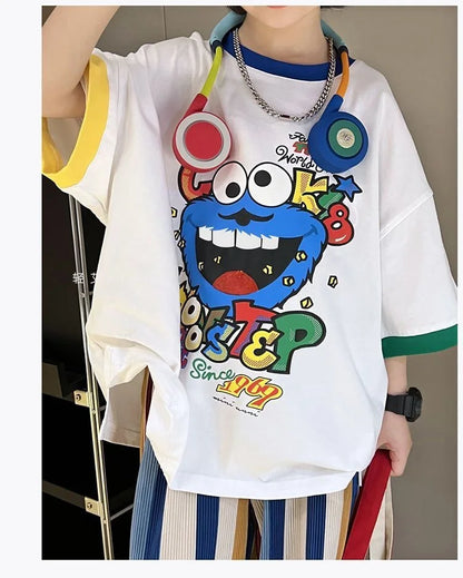 Summer Boys Cotton Contrast Cartoon T-Shirt Tops+Loose Colored Stripes Pant Set School Kids Tracksuit Child 2PCS Outfit 5-16 Yrs
