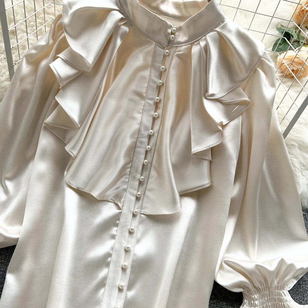 High Quality Satin Loose Shirt Long Flared Sleeves Ruffles O Neck Beading  Women Gentle Office Lady Casual Blouse