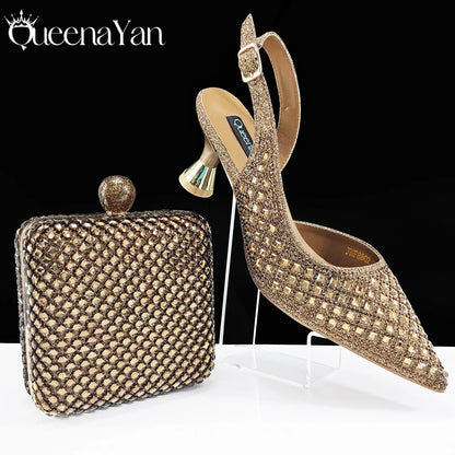 Italian Design Rhinestone Luxury Green Colour Pointed Toe Shoe & Bag Set Women's High Heels for Parties High Quality