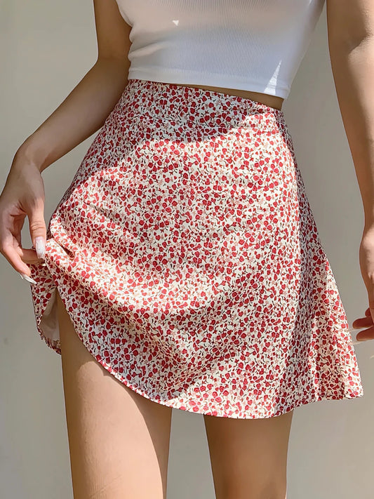 2024 Summer New Retro Vacation Style Small Floral Half Skirt High Waisted Wrap Buttocks Elegant Sweet Slim Short Skirt 06AH