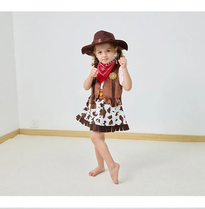 4/5 Pcs Set Girls Cowboy Role Play Skirt Clothes Vest Set Skirt Sets Kids Spring Autumn Halloween Cosplay Performance Costumes