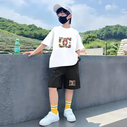 Kids Summer T-Shirt Sets Girls White Boy Black Red Casual T-Shirt+Shorts Printed Kids Outfits Teen Children's Loose Short Sleeve