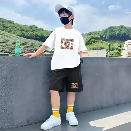 Kids Summer T-Shirt Sets Girls White Boy Black Red Casual T-Shirt+Shorts Printed Kids Outfits Teen Children's Loose Short Sleeve