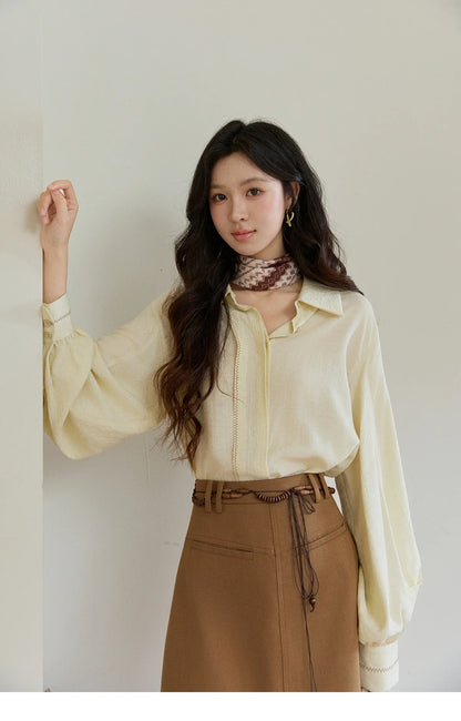 Women's Lapel Lantern Sleeve Shirts 2026 Spring Lace Trim Casual Loose Breathable Solid Shirt Office Lady MXF13C2436
