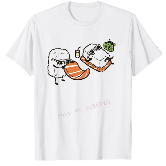 Unisex Funny Cartoon Sushi Black & White Cotton T-Shirt Short Sleeve O-Neck Harajuku Streetwear Tee Shirt