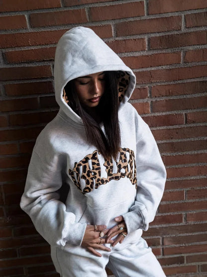 new fashionable leopard print letter embroidery street casual pants men's and women's versatile hooded sweatshirt pants set Y2K