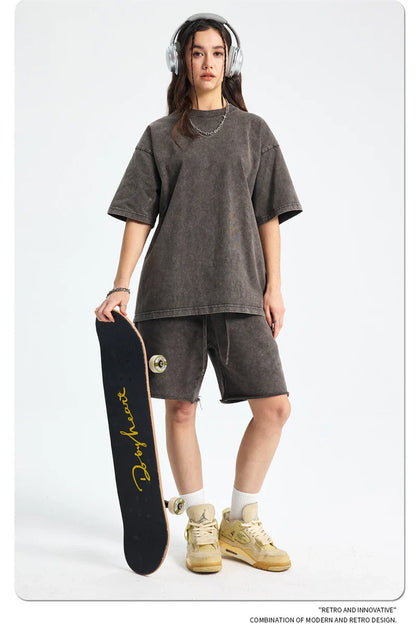2025 High Street Summer Washed Cotton T-Shirt Tees For Men Unisex Loose Retro Solid T Shirts Brand Tops HY0113