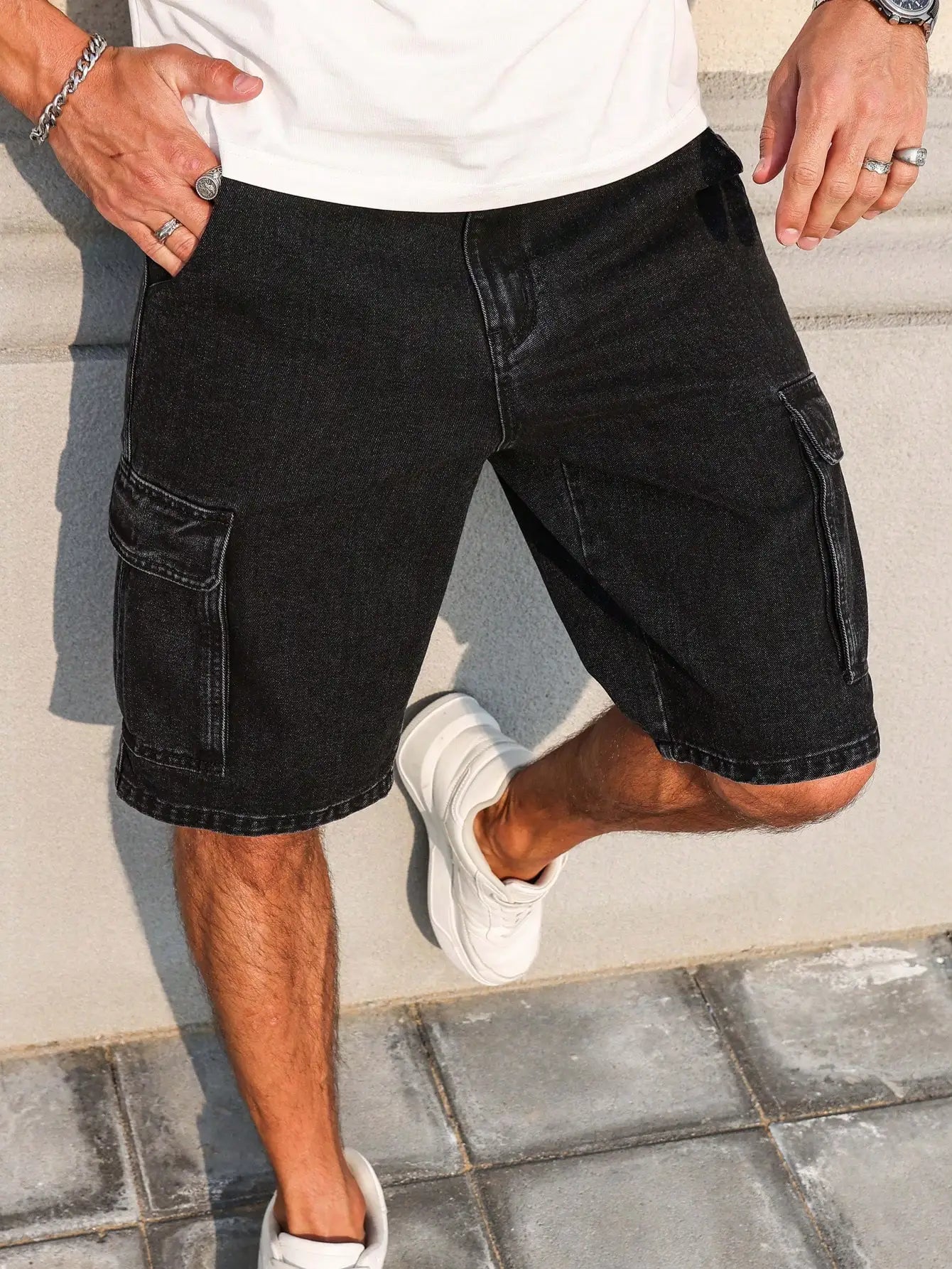 Men's Summer Denim Black Shorts. Workwear Style. For Daily Leisure. Creating a Trendy Street-Style Look.