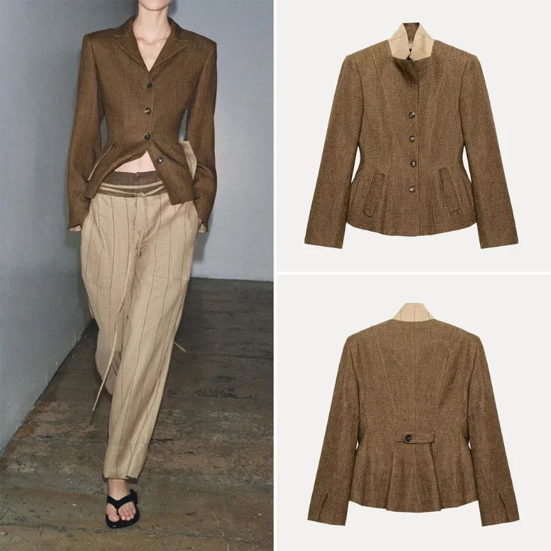 Brown Linen Blend Fitted Blazer Contrast Stand Collar Single Row Buttons Waist Cinched Tailored Cropped Vintage Commuter Coat