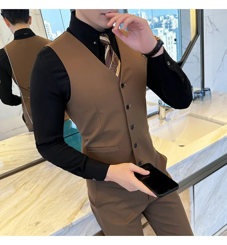 ( Vest + Pants) Men Luxury High Quality Business Suit Vest 2 pieces Formal Groom Wedding Dress Vest Set Fashion Club Clothing