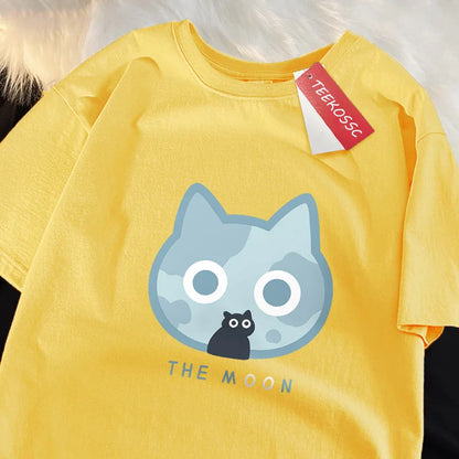 The Moon Blue Cat Fun Japanese Style Men Women T-Shirts Cotton Oversized Short Sleeve Shirt Loose T-Shirt Breathable Casual Tops