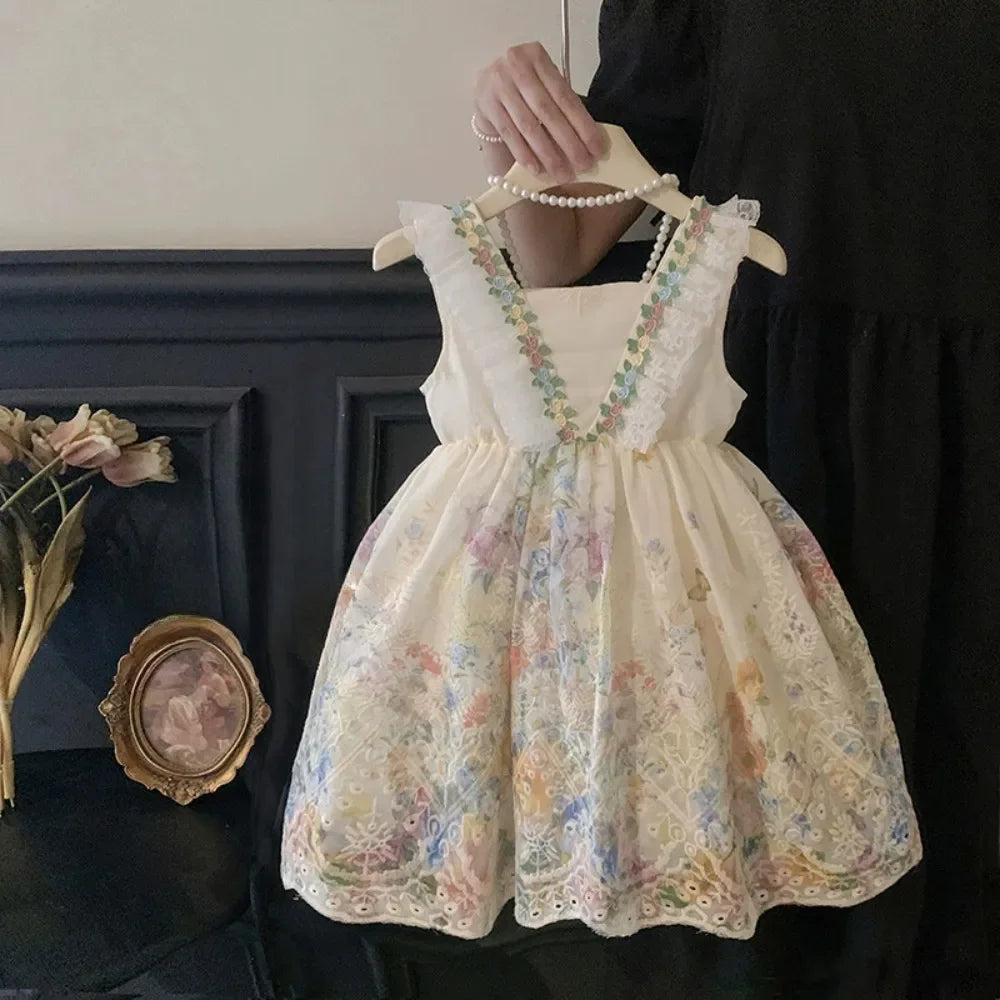 Fashion 2-7 Years Girl Print Lace Sleeveless Vest Princess Dresses Summer Beige Flower Kids Casual Clothes Korean Version