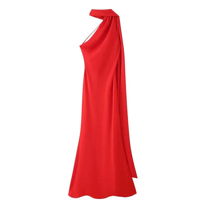 Elegant Long Silk Satin Dress Neck Hanging Pure Color Slim Fit Summer New Fashion Women's Dress City Commuting Casual Wedding