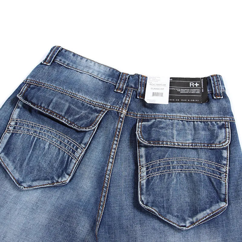 Mens Baggy Jeans Spring and Autumn New Fat Guy Large Size Fashion Multi-pocket Wide Loose Jeans Mens Denim Trousers