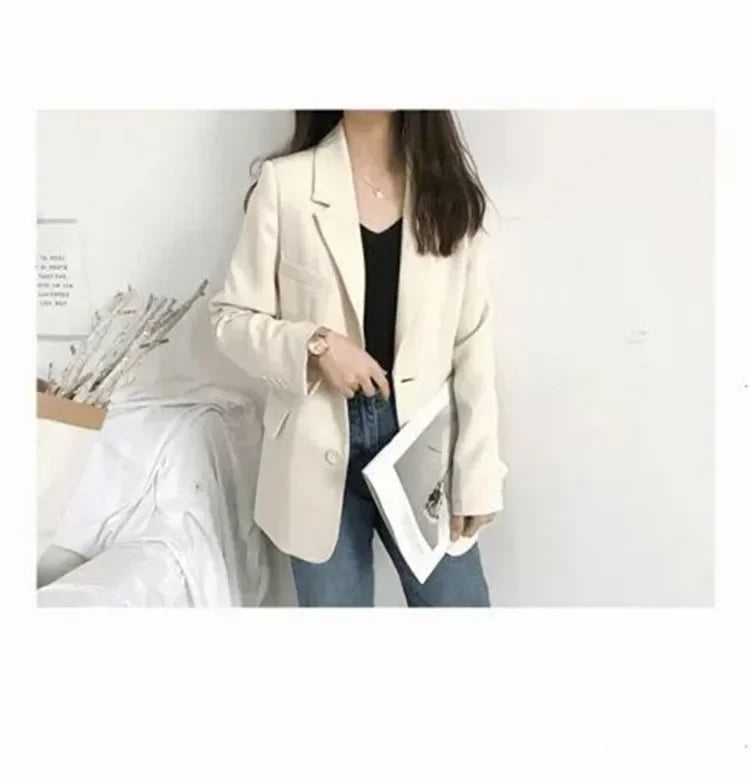 Elegant Casual Loose Long Sleeve Women's Small Suit Jacket Korean Style Spring Autumn Chic Polyester Fiber Button Decoration