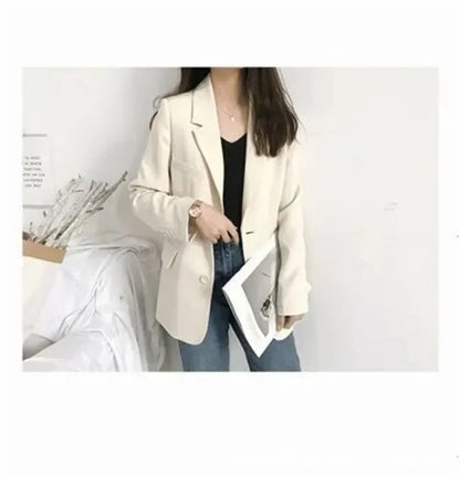 Elegant Casual Loose Long Sleeve Women's Small Suit Jacket Korean Style Spring Autumn Chic Polyester Fiber Button Decoration