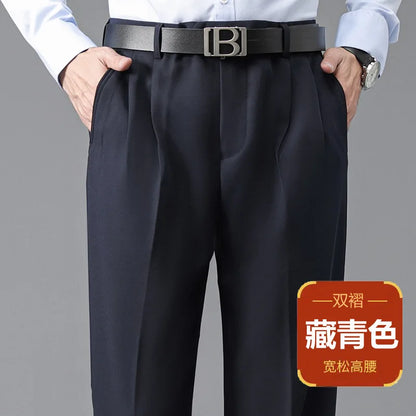 High Waist Suit Pants Men Autumn Thicken Double Pleated Straight Loose Formal Men Trousers High Quality Black Size 29-42 44 46