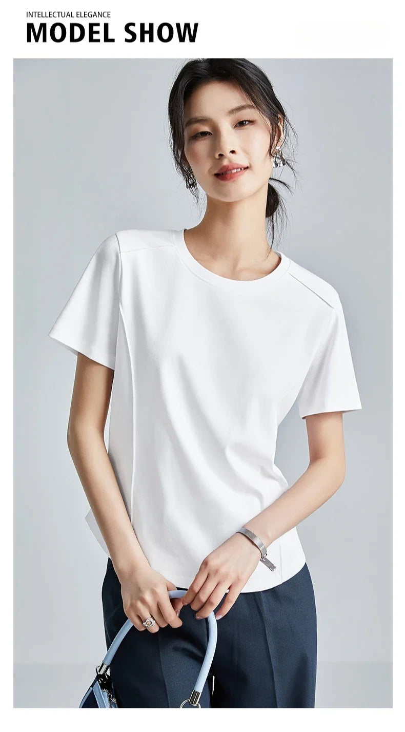 Summer Women's White Mercerized Cotton T-Shirt | 3D Stitching Round Neck Basic Top | Plus Size Slim Fit Layered Casual Blouse