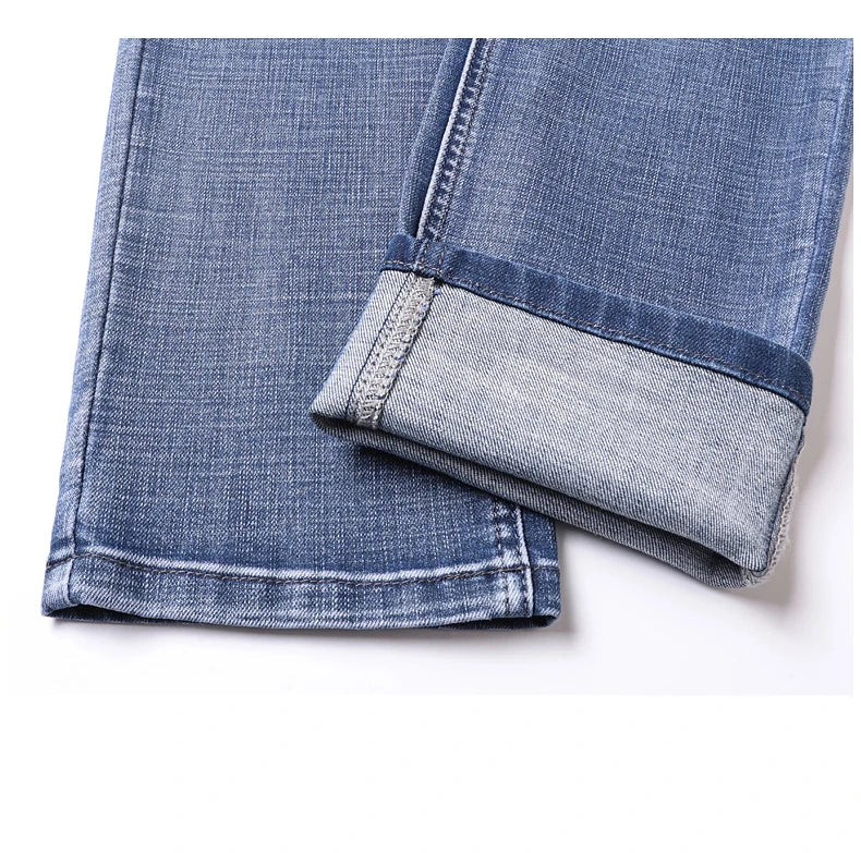 Fashion Light Blue Slim Straight Jeans Men's Spring Autumn Elastic Comfortable Denim Pants Korean Casual Business Trousers