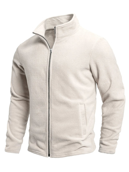 Men's Spring and Autumn Solid Color Fleece Warm Top, Comfortable Zippered Cardigan for Men's Outdoor Leisure
