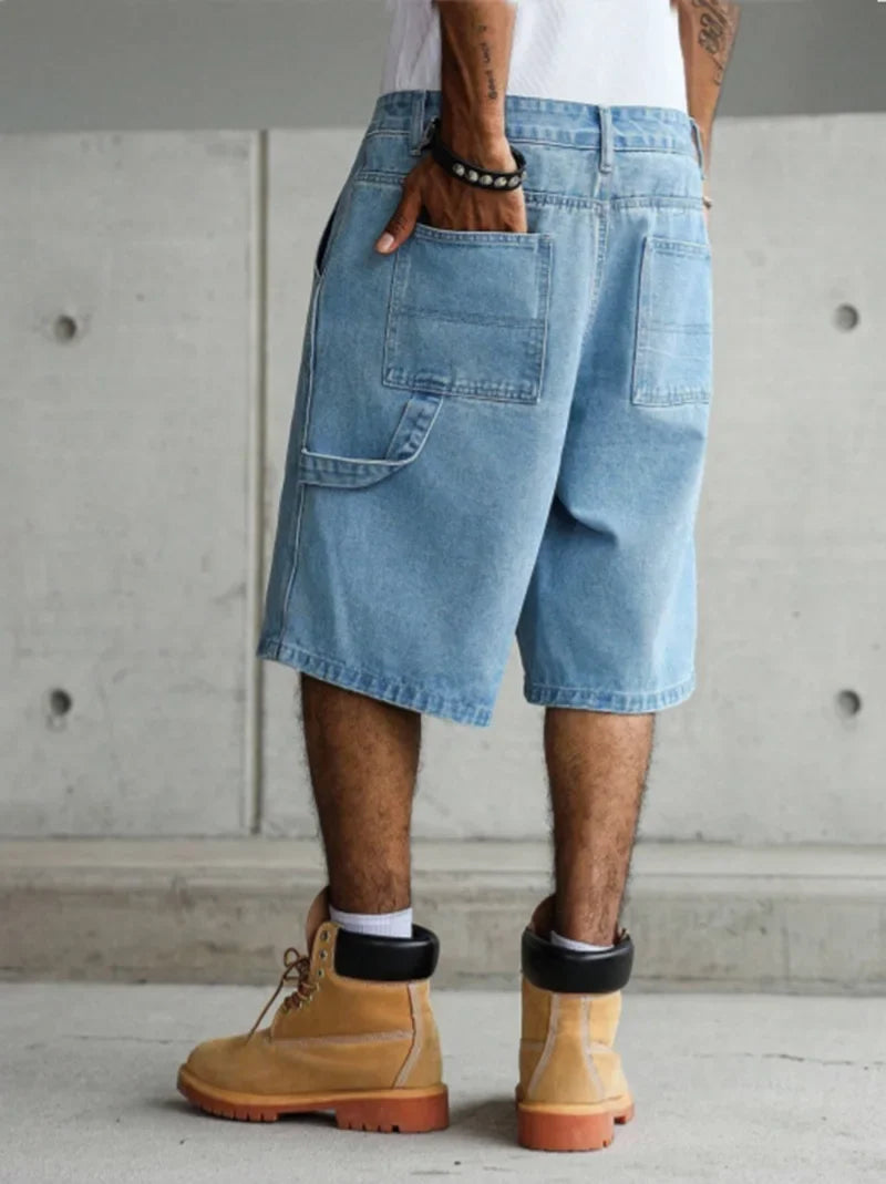 Men's Light Blue Wide-Leg Utility Denim Shorts for Summer