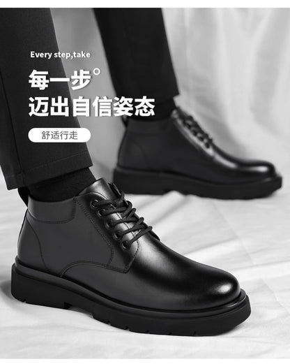 Mens Black Leather Lace Up Mid Top Boots Winter Warm Formal Business Office Wedding Shoes Black Work Boots Fashionable Dad Shoes